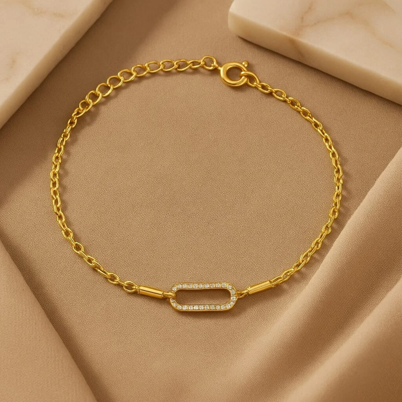 POZŁACANA SREBRNA BRANSOLETKA ANKIER PROSTOKĄT Z CYRKONIAMI  925 585 – 1,3MM
