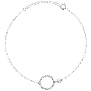 SREBRNA RODOWANA BRANSOLETKA ANKIER KOŁO CYRKONII Z KORALIKIEM 925 – 1,3MM