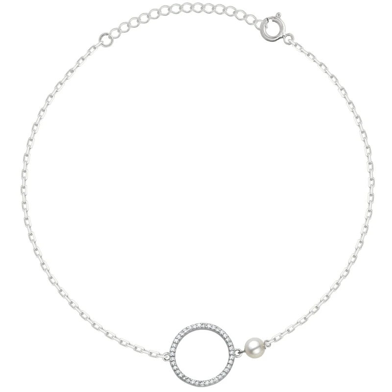 SREBRNA RODOWANA BRANSOLETKA ANKIER KOŁO CYRKONII Z KORALIKIEM 925 – 1,3MM