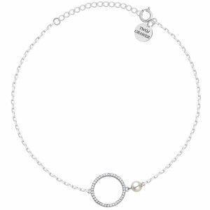 SREBRNA RODOWANA BRANSOLETKA ANKIER KOŁO CYRKONII Z KORALIKIEM 925 – 1,3MM