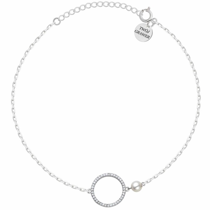 SREBRNA RODOWANA BRANSOLETKA ANKIER KOŁO CYRKONII Z KORALIKIEM 925 – 1,3MM
