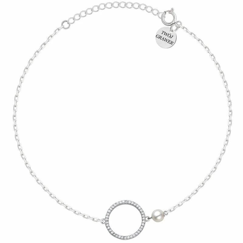 SREBRNA RODOWANA BRANSOLETKA ANKIER KOŁO CYRKONII Z KORALIKIEM 925 – 1,3MM