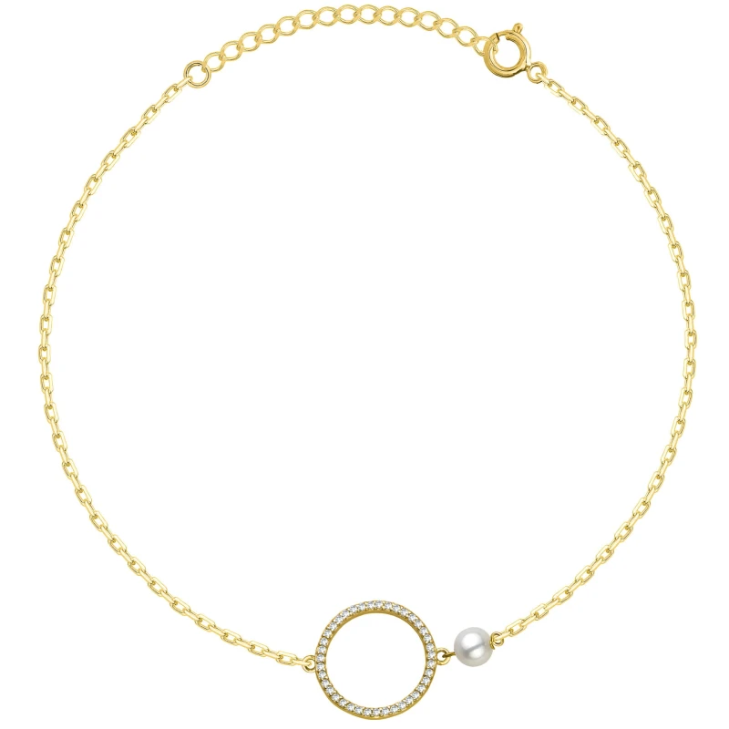POZŁACANA SREBRNA BRANSOLETKA ANKIER KOŁO CYRKONII Z KORALIKIEM 925 585 – 1,3MM