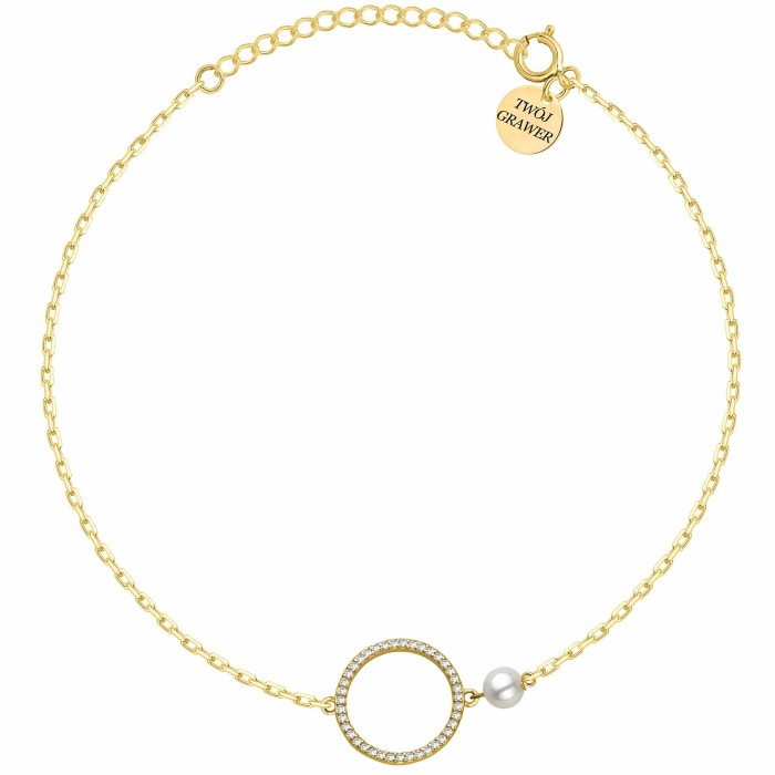 POZŁACANA SREBRNA BRANSOLETKA ANKIER KOŁO CYRKONII Z KORALIKIEM 925 585 – 1,3MM