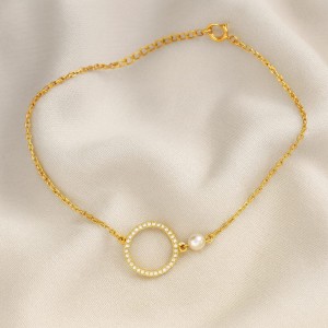 POZŁACANA SREBRNA BRANSOLETKA ANKIER KOŁO CYRKONII Z KORALIKIEM 925 585 – 1,3MM