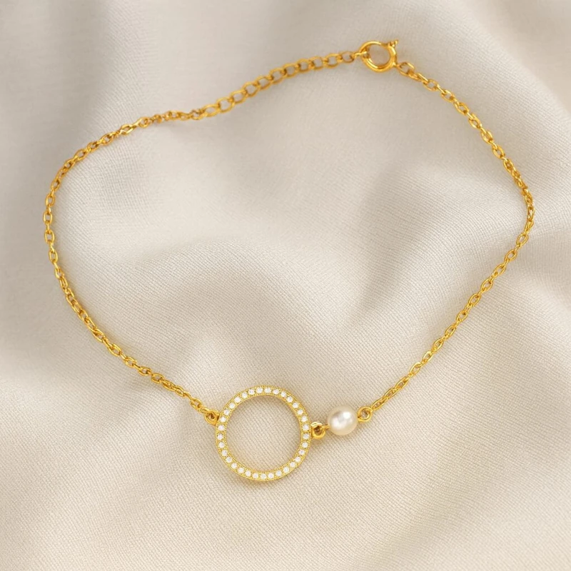 POZŁACANA SREBRNA BRANSOLETKA ANKIER KOŁO CYRKONII Z KORALIKIEM 925 585 – 1,3MM