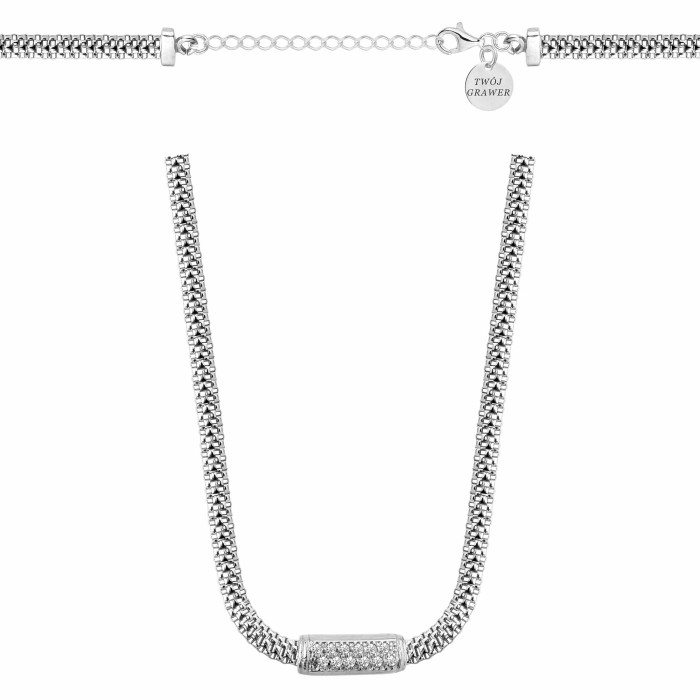 SREBRNY RODOWANY NASZYJNIK TUB Z OGNIWEM WYSADZANYM CYRKONIAMI 925 – 3MM