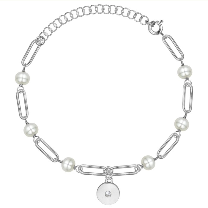 SREBRNA RODOWANA BRANSOLETKA ANKIER Z PEREŁKAMI I OKRĄGŁĄ ZAWIESZKĄ 925 – 3,3MM