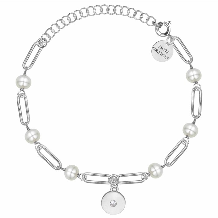 SREBRNA RODOWANA BRANSOLETKA ANKIER Z PEREŁKAMI I OKRĄGŁĄ ZAWIESZKĄ 925 – 3,3MM