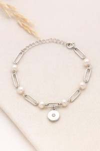 SREBRNA RODOWANA BRANSOLETKA ANKIER Z PEREŁKAMI I OKRĄGŁĄ ZAWIESZKĄ 925 – 3,3MM