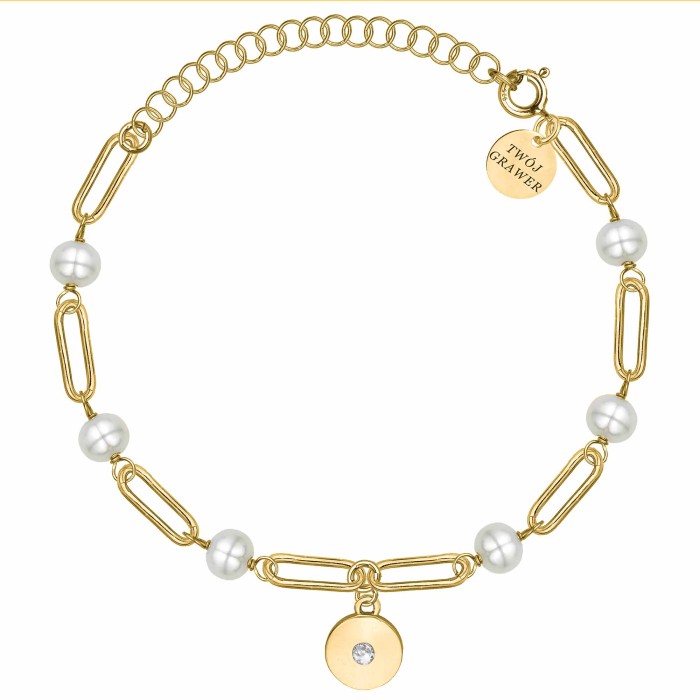 SREBRNA POZŁACANA BRANSOLETKA ANKIER Z PEREŁKAMI I OKRĄGŁĄ ZAWIESZKĄ 925 585 – 3,3MM