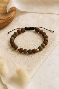 BRANSOLETKA REGULOWANA Z OKRĄGŁYCH KAMIENI NATURALNYCH I SREBRNYCH POZŁACANYCH KORALIKÓW 925 585 – 6,5MM