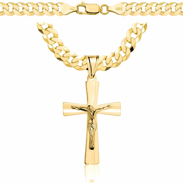 POZŁACANY SREBRNY ŁAŃCUSZEK PANCERKA Z KRZYŻYKIEM 925 585 - 6,5MM