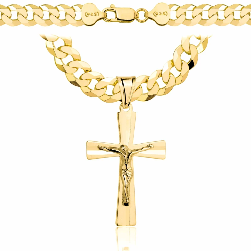 POZŁACANY SREBRNY ŁAŃCUSZEK PANCERKA Z KRZYŻYKIEM 925 585 - 7,5MM