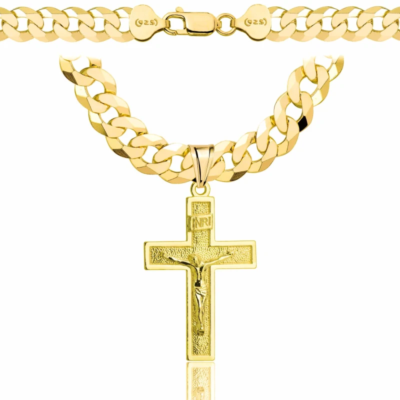 POZŁACANY SREBRNY ŁAŃCUSZEK PANCERKA Z KRZYŻYKIEM 925 585 - 7,5MM